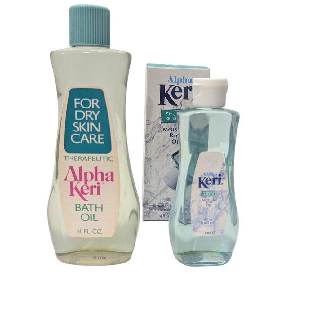 Vtg Alpha Keri Therapeutic Bath Oil 16 oz Bottle & 8 oz Shower Bath Box Set NOS